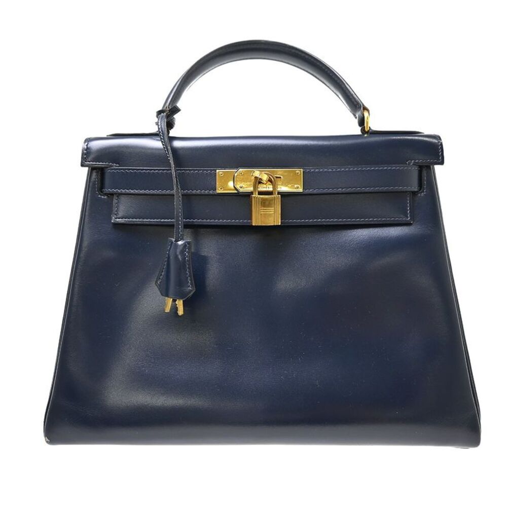 Hermes Kelly Blue Box Calf With Gold Hardware Navy Calfskin Handbag